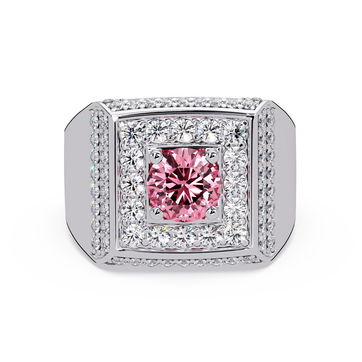 2.0 CTW Round Colorstone Diamond Halo Men's Signet Ring with Tourmaline Pink in White Gold – Lunéa Paris