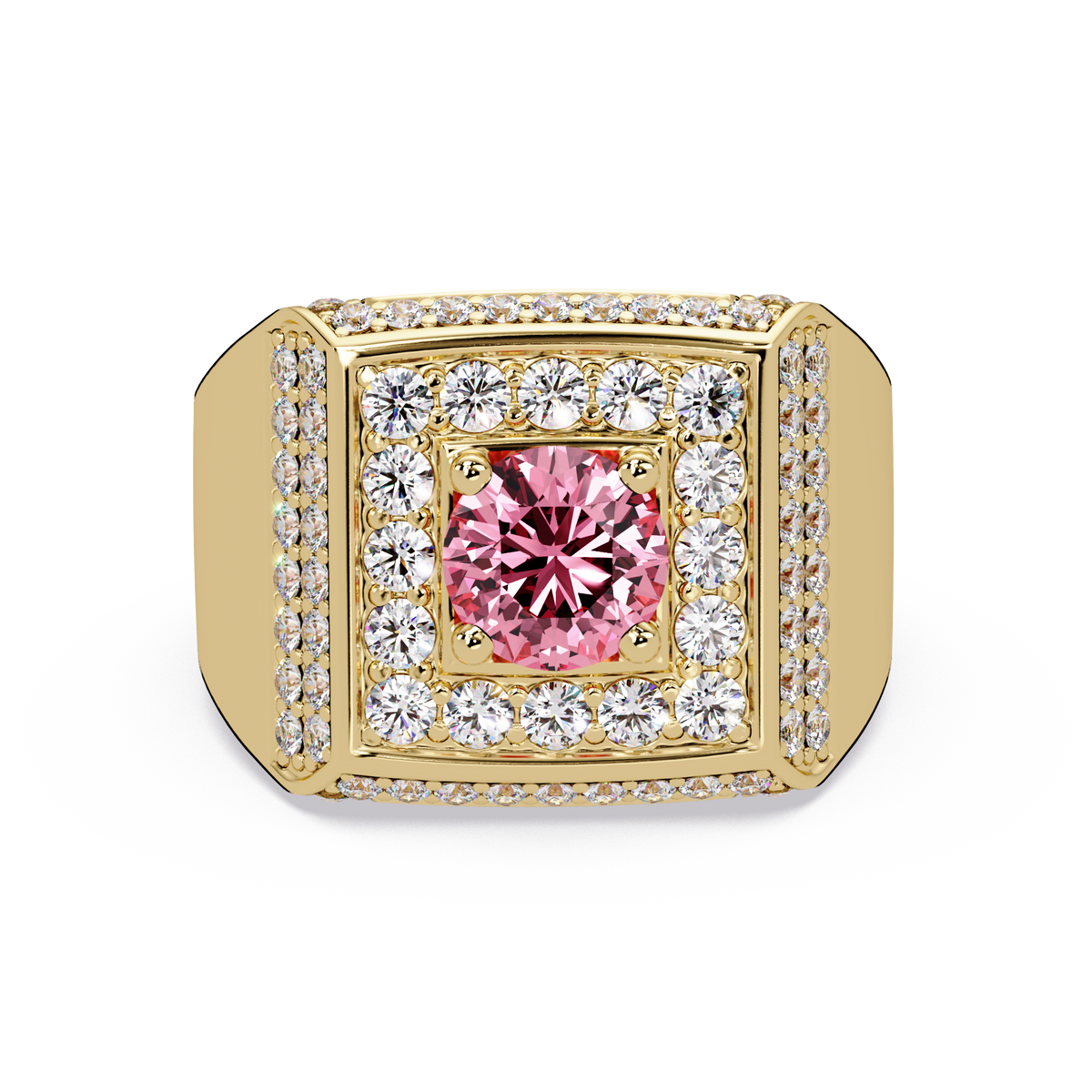2.0 CTW Round Colorstone Diamond Halo Men's Signet Ring with Tourmaline Pink in Yellow Gold – Lunéa Paris