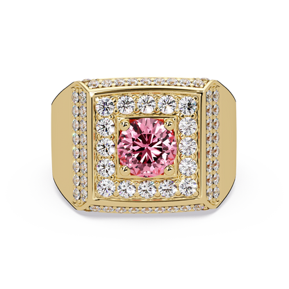 2.0 CTW Round Colorstone Diamond Halo Men's Signet Ring with Tourmaline Pink in Yellow Gold – Lunéa Paris
