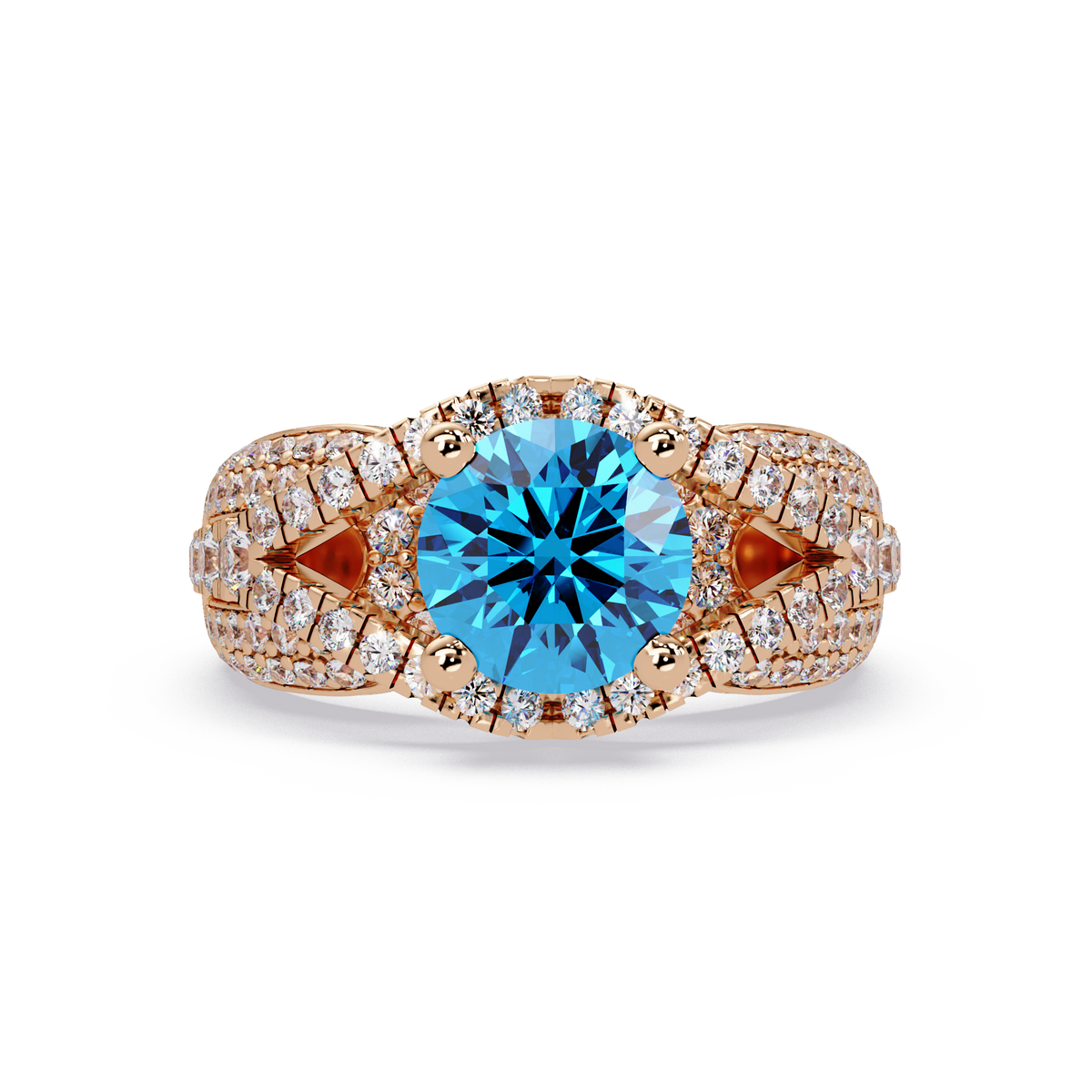 CAD-041 round geometric halo pavé colorstone ring AB 14K Rose Gold