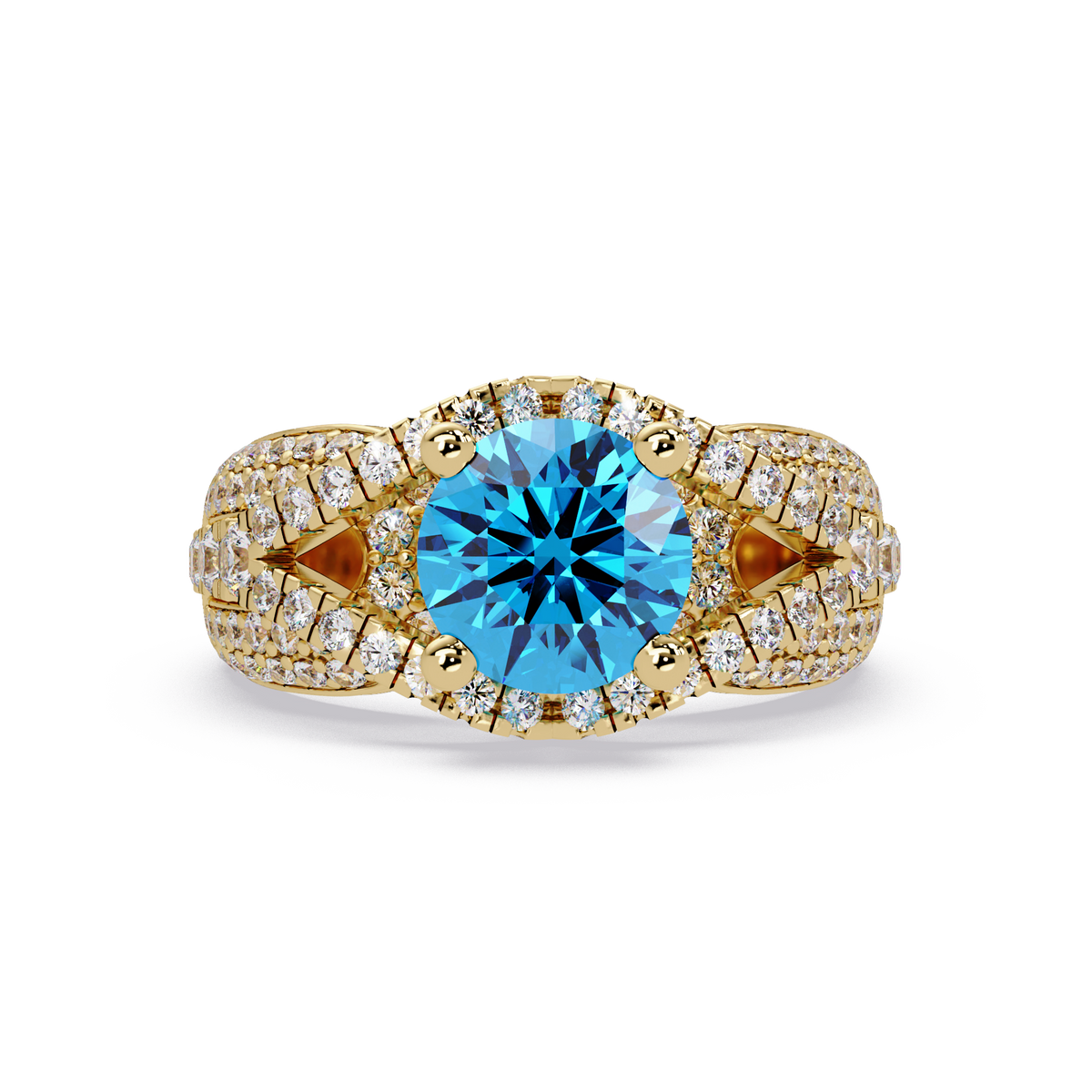 CAD-041 round geometric halo pavé colorstone ring AB 14K Yellow Gold