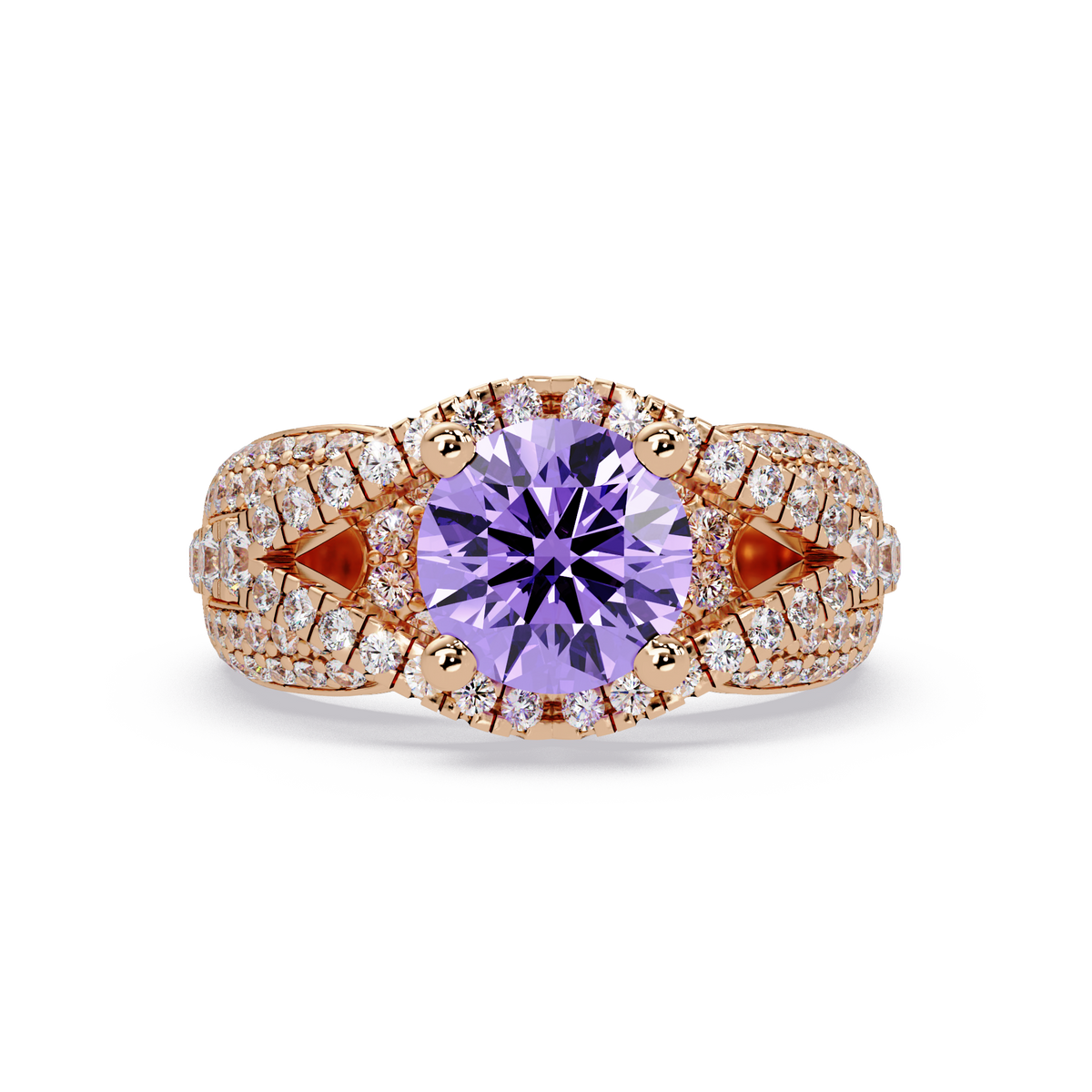 CAD-041 round geometric halo pavé colorstone ring AP 14K Rose Gold