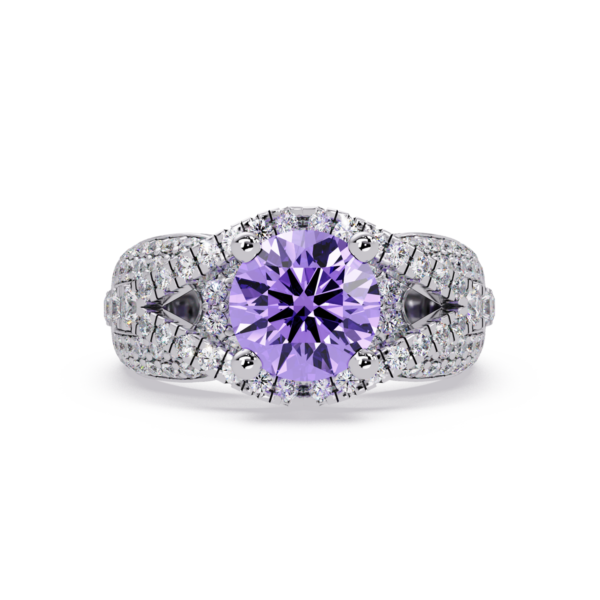 CAD-041 round geometric halo pavé colorstone ring AP 14K White Gold