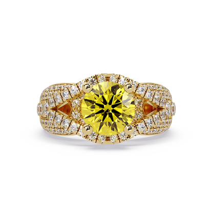 CAD-041 round geometric halo pavé colorstone ring CY 14K Yellow Gold