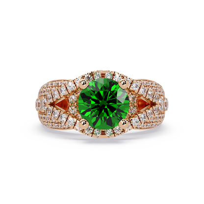 CAD-041 round geometric halo pavé colorstone ring EG 14K Rose Gold
