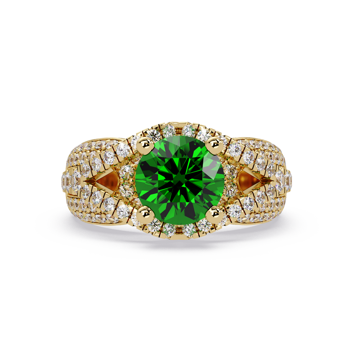 CAD-041 round geometric halo pavé colorstone ring EG 14K Yellow Gold