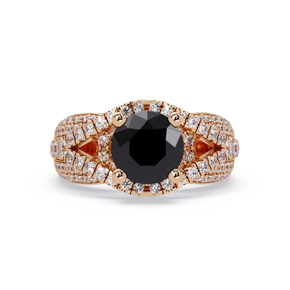 CAD-041 round geometric halo pavé colorstone ring ON 14K Rose Gold