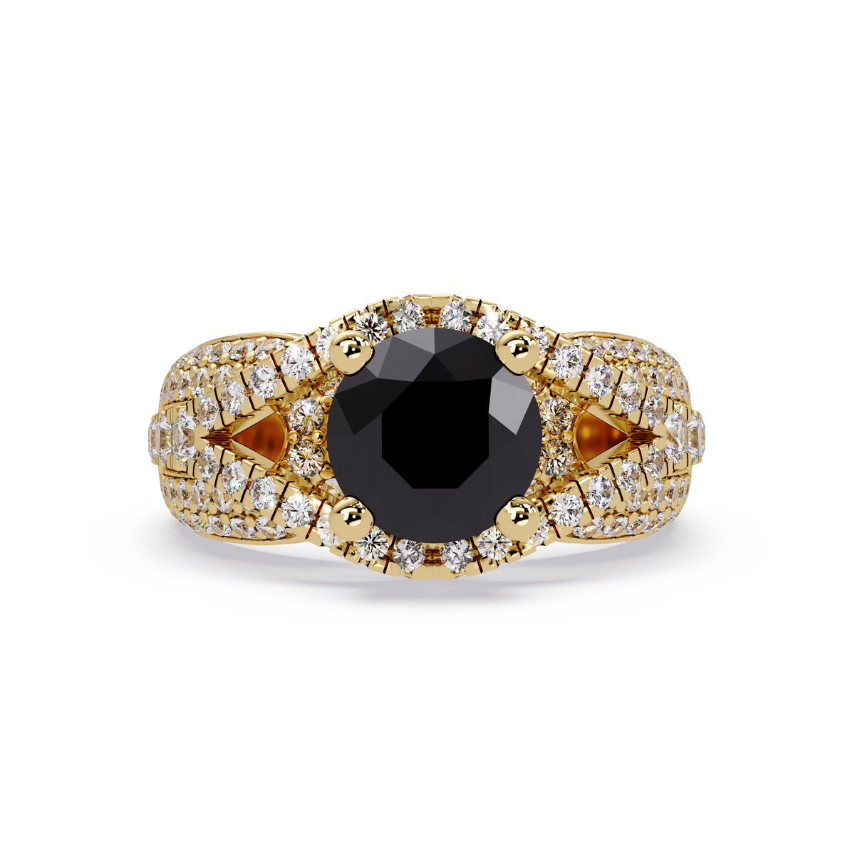 CAD-041 round geometric halo pavé colorstone ring ON 14K Yellow Gold