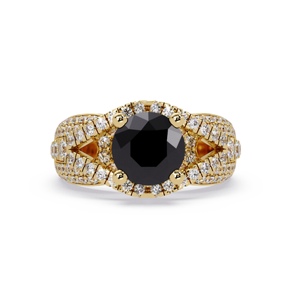 CAD-041 round geometric halo pavé colorstone ring ON 14K Yellow Gold