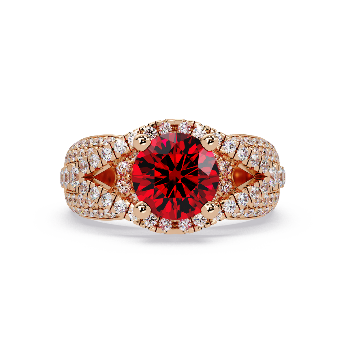 CAD-041 round geometric halo pavé colorstone ring RR 14K Rose Gold