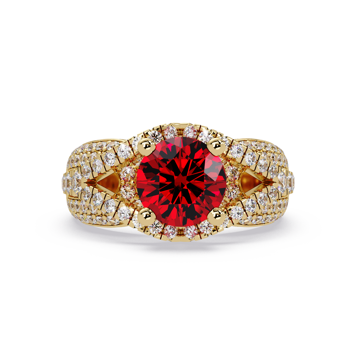 CAD-041 round geometric halo pavé colorstone ring RR 14K Yellow Gold