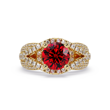 CAD-041 round geometric halo pavé colorstone ring RR 14K Yellow Gold