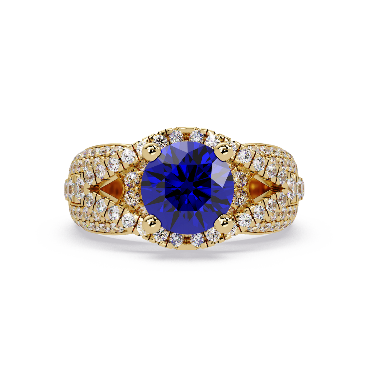 CAD-041 round geometric halo pavé colorstone ring SB 14K Yellow Gold