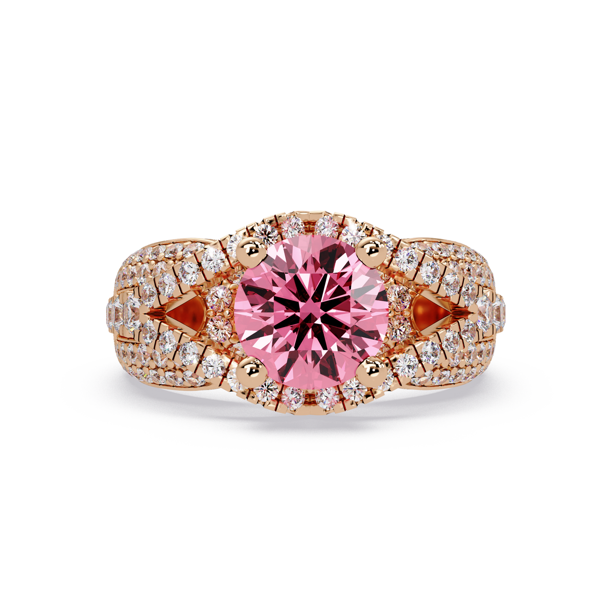 CAD-041 round geometric halo pavé colorstone ring TP 14K Rose Gold