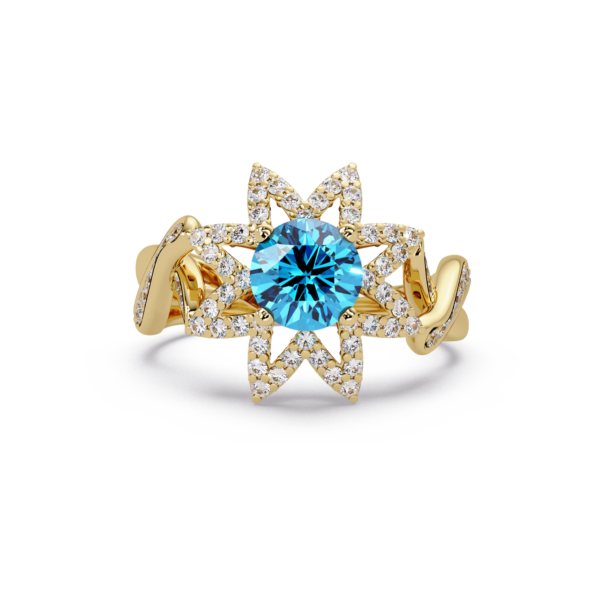1.6 CTW Round Starburst Floral Pavé Colorstone Ring AB Yellow Gold