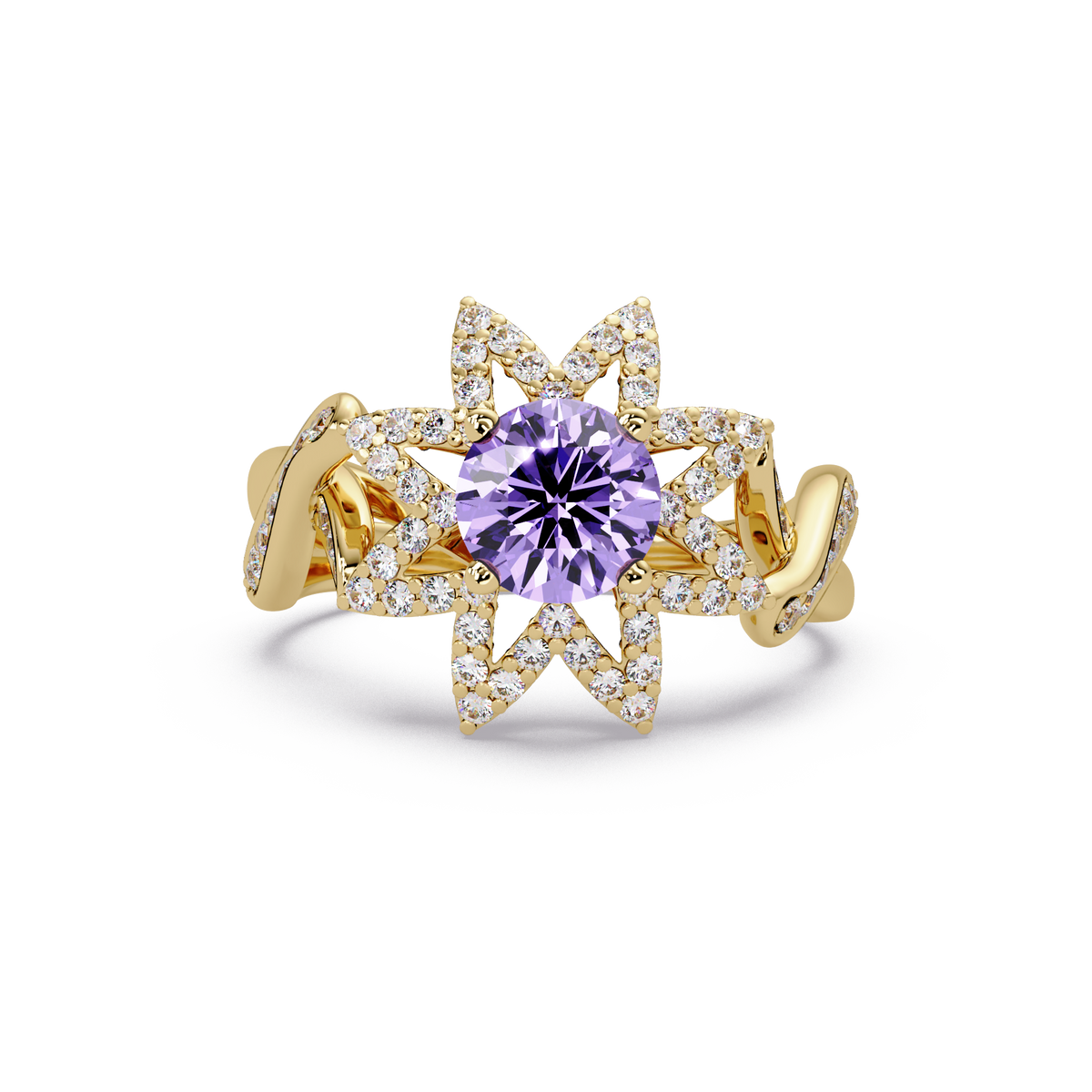1.6 CTW Round Starburst Floral Pavé Colorstone Ring AP Yellow Gold