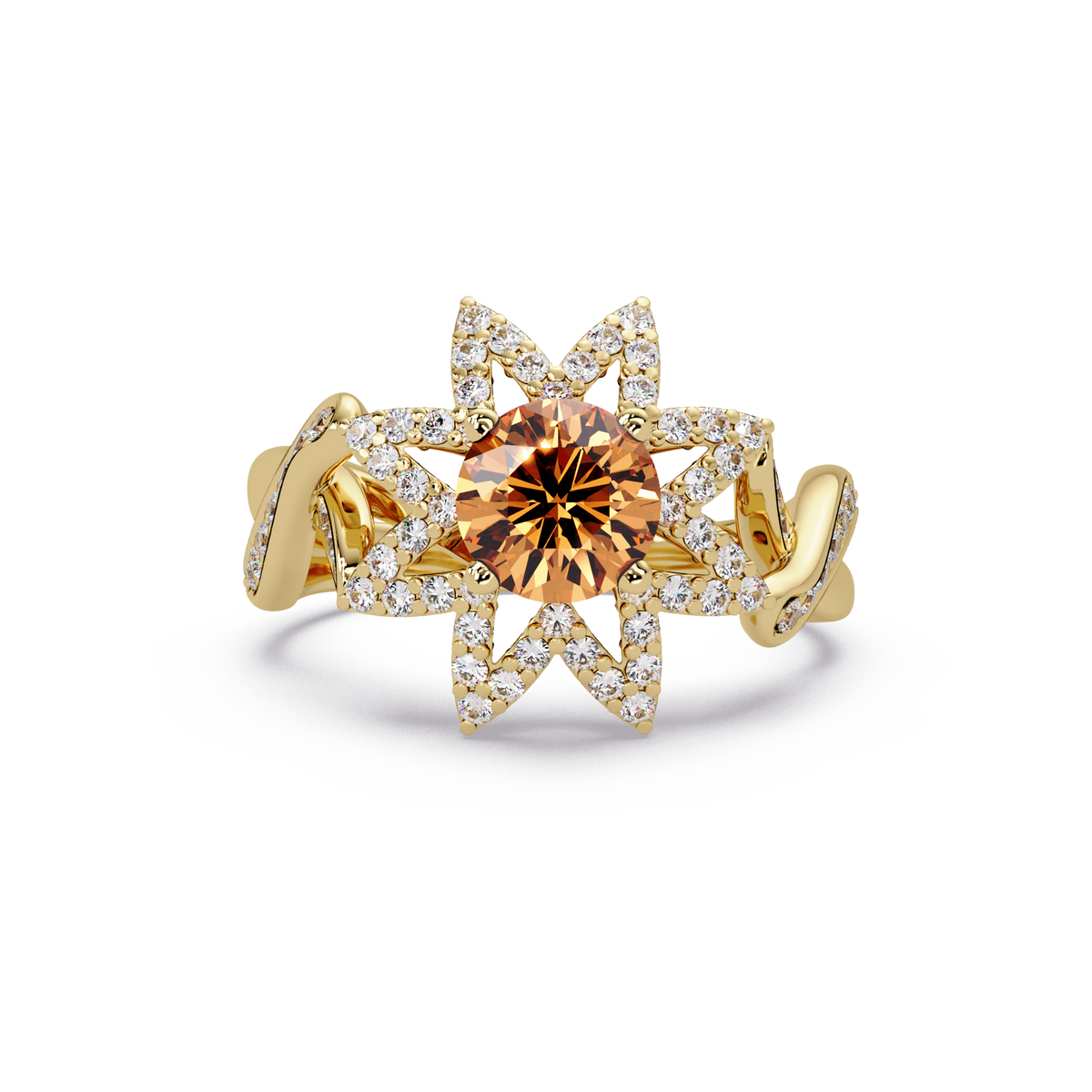 1.6 CTW Round Starburst Floral Pavé Colorstone Ring CT Yellow Gold