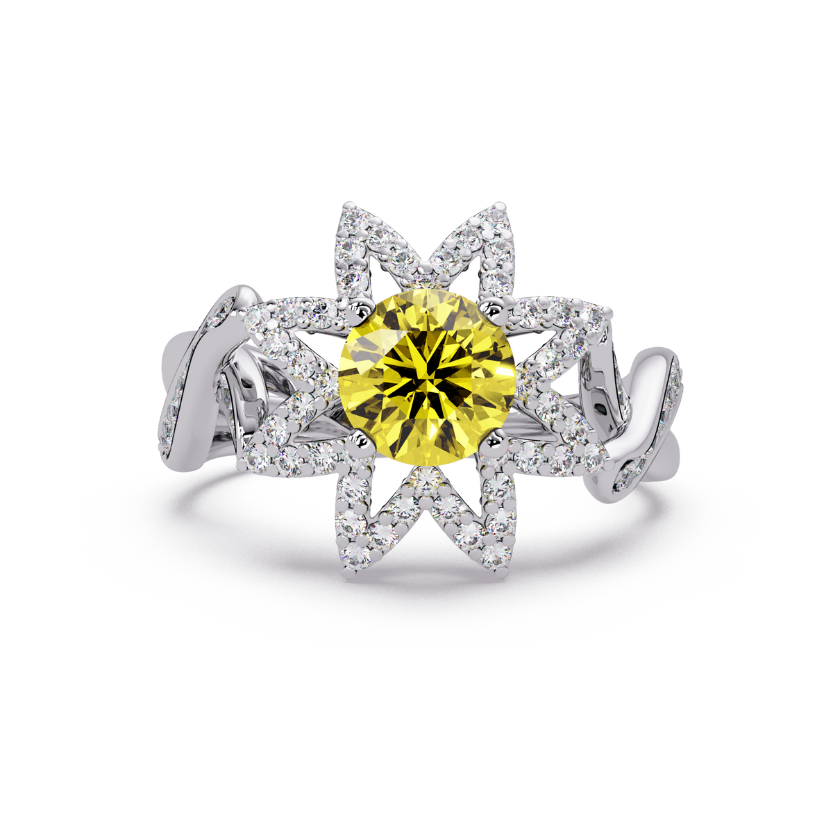 1.6 CTW Round Starburst Floral Pavé Colorstone Ring CY White Gold