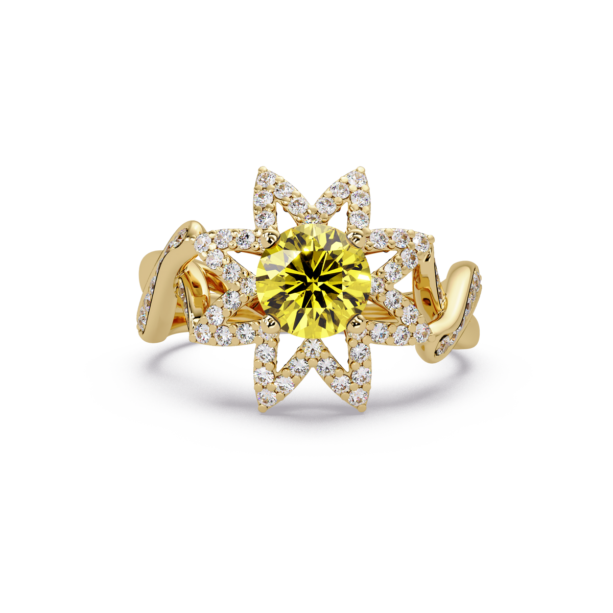 1.6 CTW Round Starburst Floral Pavé Colorstone Ring CY Yellow Gold