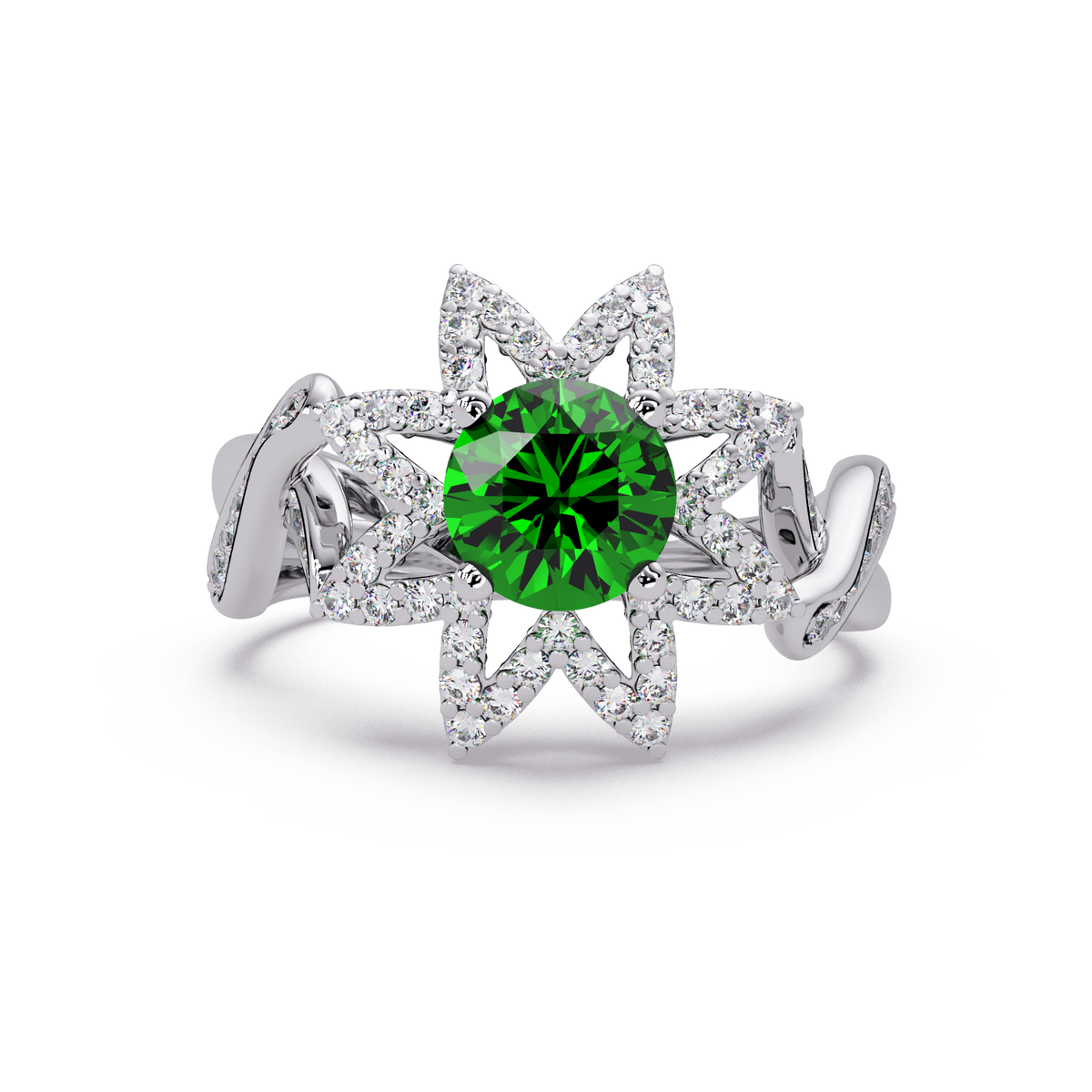 1.6 CTW Round Starburst Floral Pavé Colorstone Ring EG White Gold