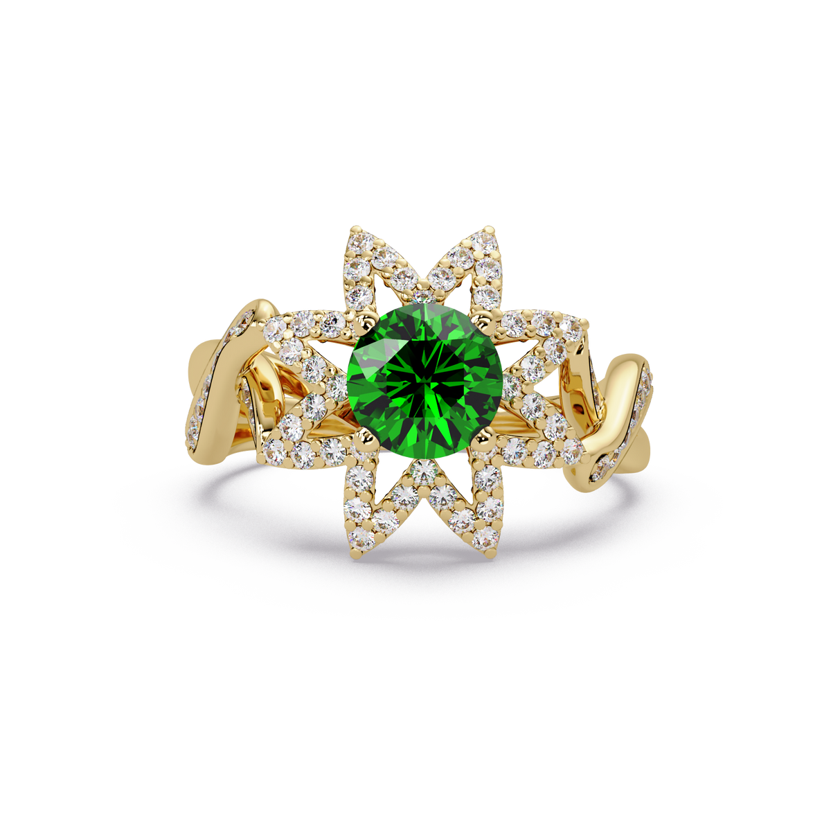 1.6 CTW Round Starburst Floral Pavé Colorstone Ring EG Yellow Gold