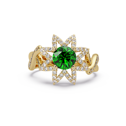 1.6 CTW Round Starburst Floral Pavé Colorstone Ring EG Yellow Gold