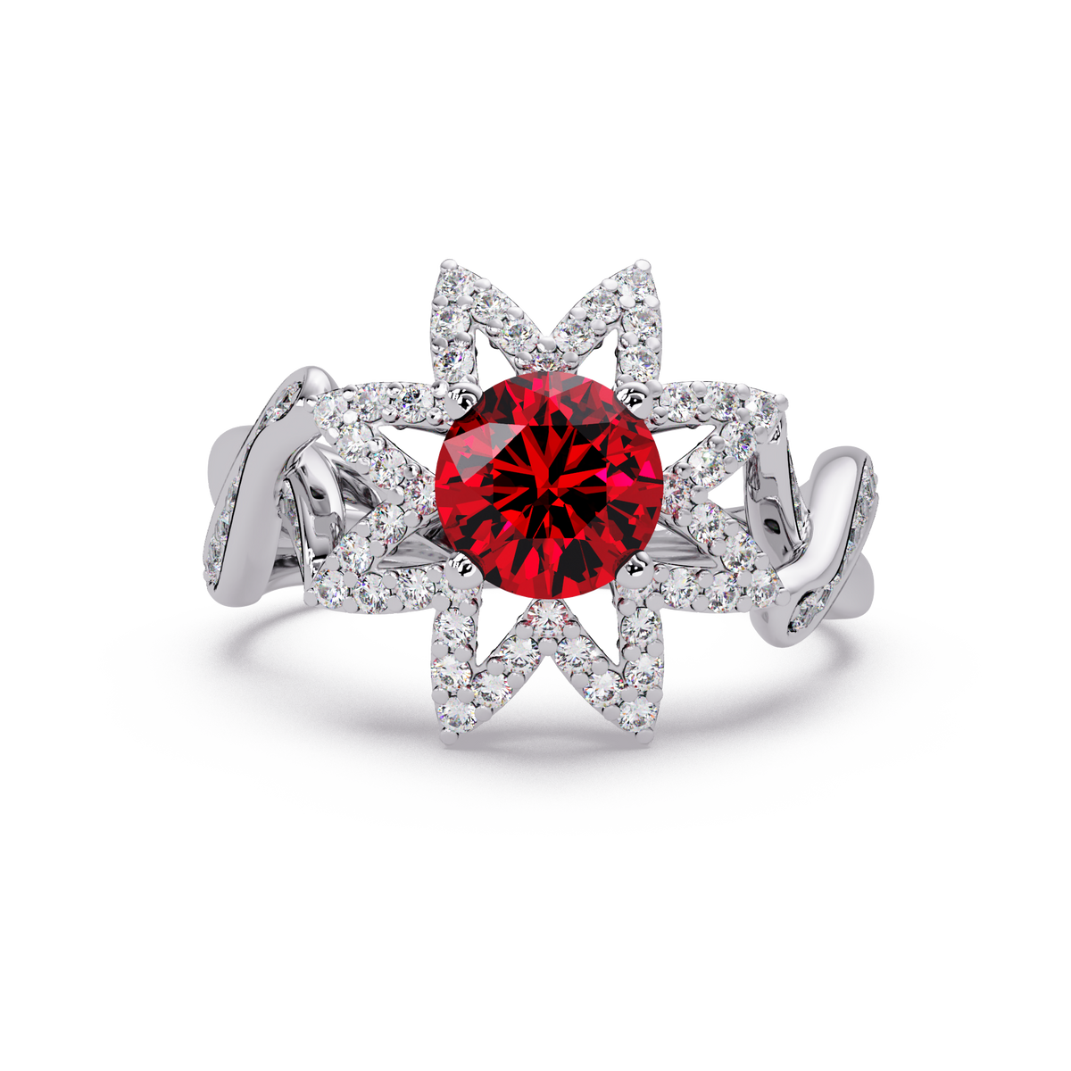 1.6 CTW Round Starburst Floral Pavé Colorstone Ring RR White Gold
