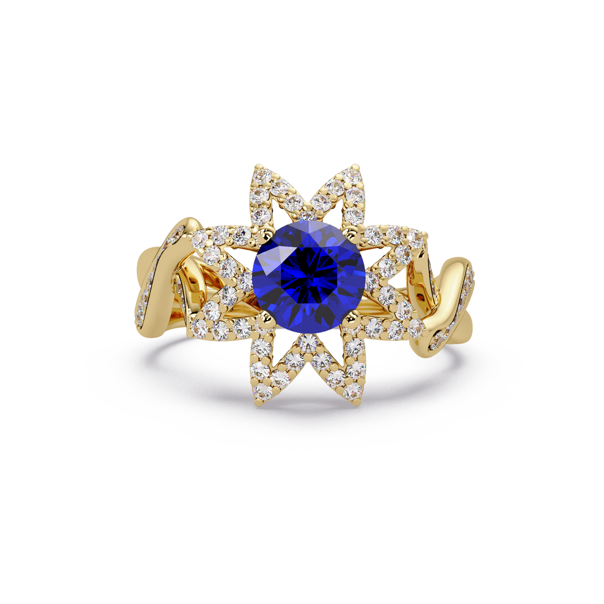 1.6 CTW Round Starburst Floral Pavé Colorstone Ring SB Yellow Gold
