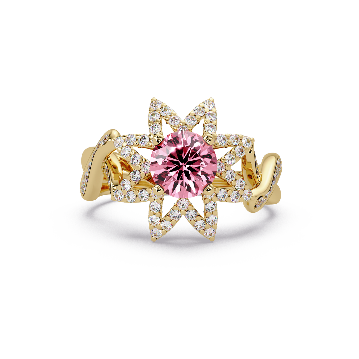 1.6 CTW Round Starburst Floral Pavé Colorstone Ring TP Yellow Gold
