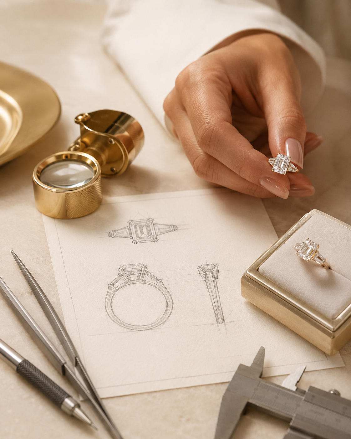 Custom jewelry design sketch with finished diamond ring