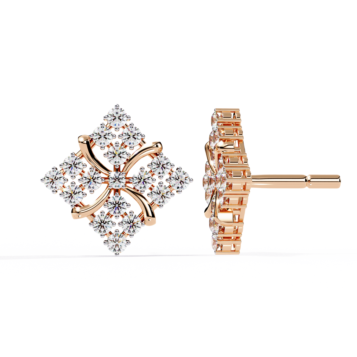 0.8 CTW round lab-grown diamond geometric floral stud earrings in rose gold