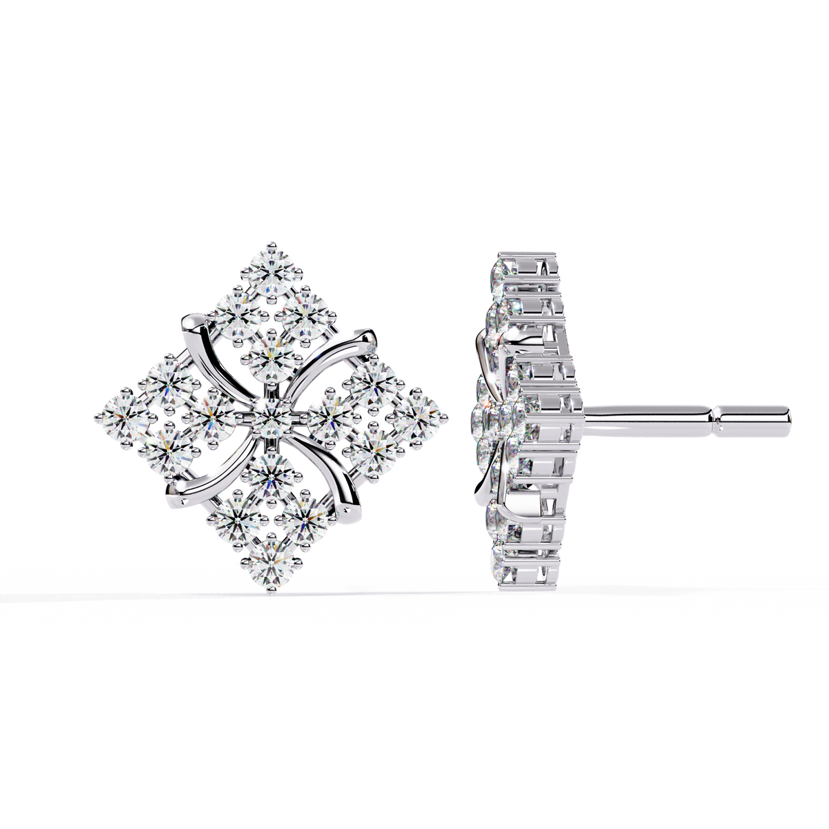 0.8 CTW round lab-grown diamond geometric floral stud earrings in white gold