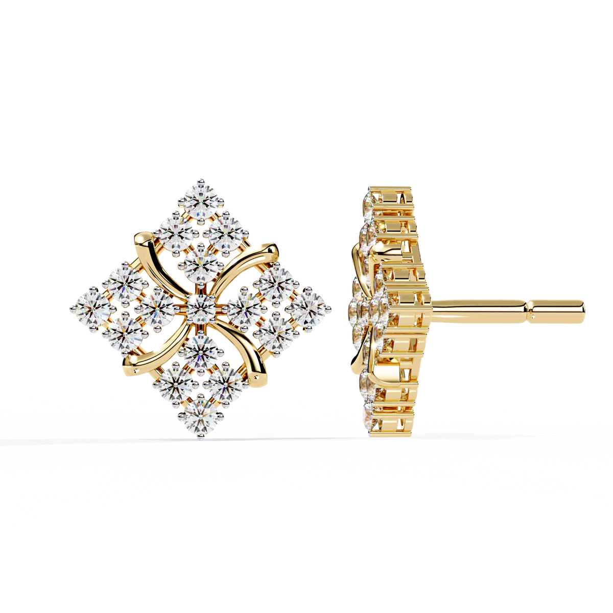 0.8 CTW round lab-grown diamond geometric floral stud earrings in yellow gold