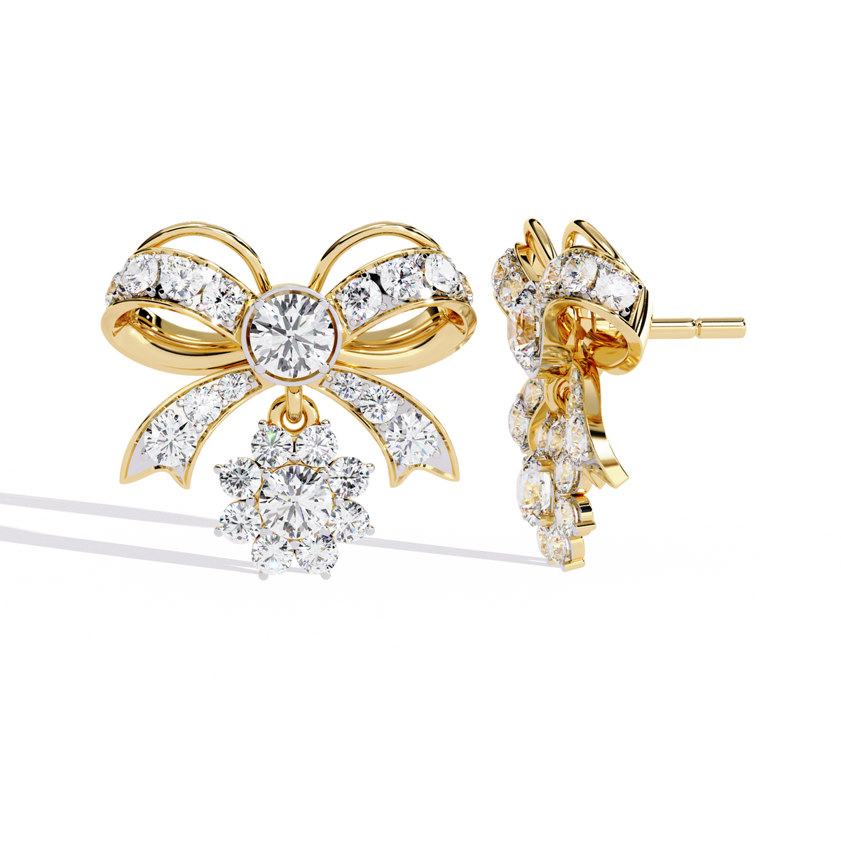 2.2 CTW round lab-grown diamond bow and floral drop stud earrings in rose gold