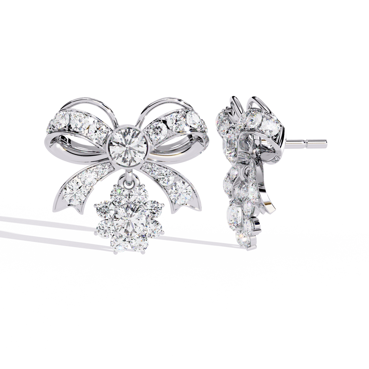 2.2 CTW round lab-grown diamond bow and floral drop stud earrings in white gold