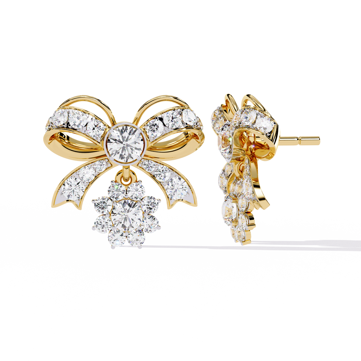 2.2 CTW round lab-grown diamond bow and floral drop stud earrings in yellow gold