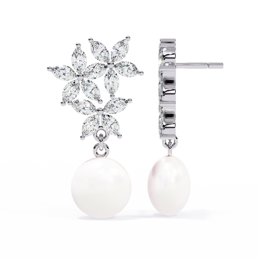 2.4 CTW marquise diamond floral pearl drop earrings, White Gold, front and side — Lunéa Paris