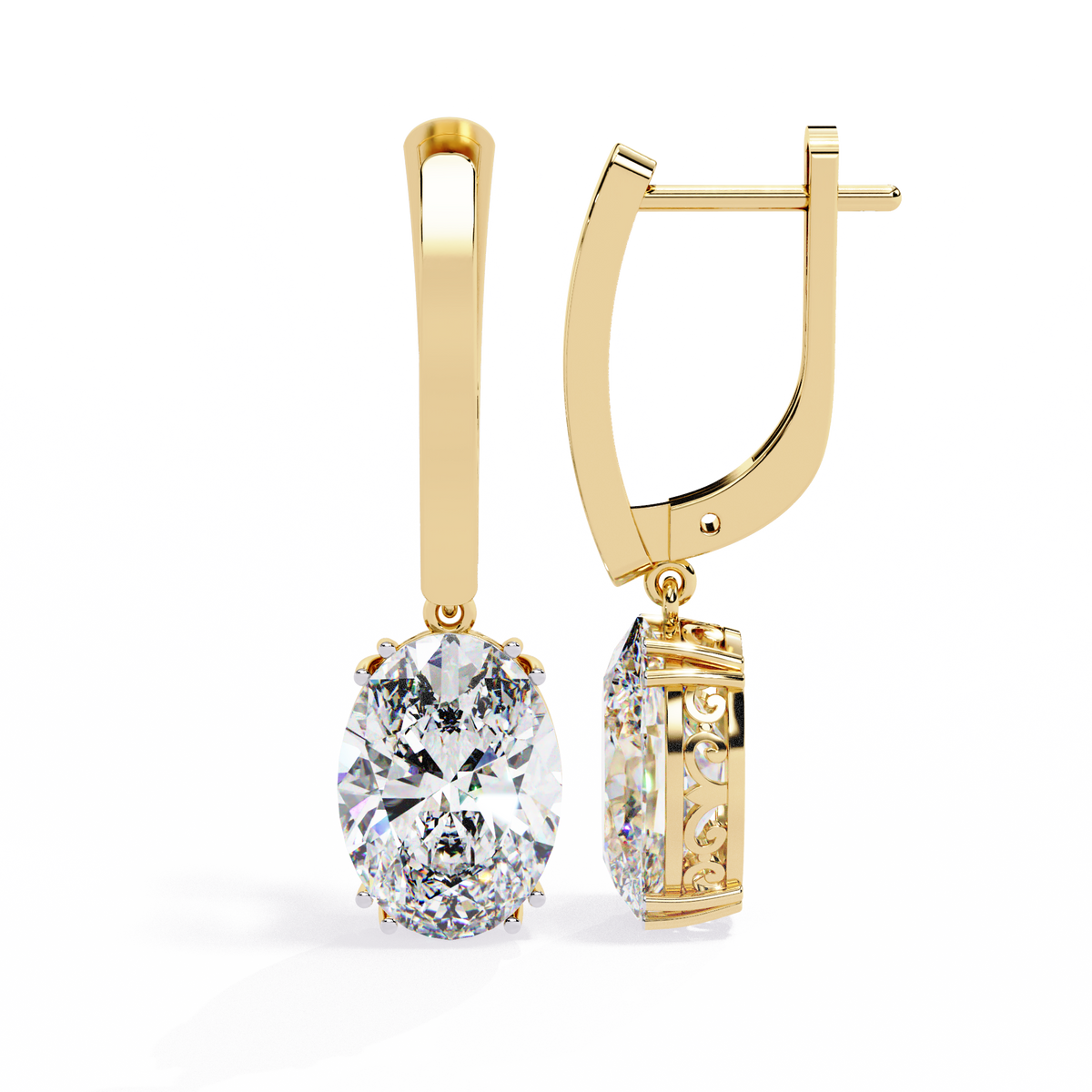 1.6 CTW oval lab-grown diamond filigree drop hoop earrings in yellow gold