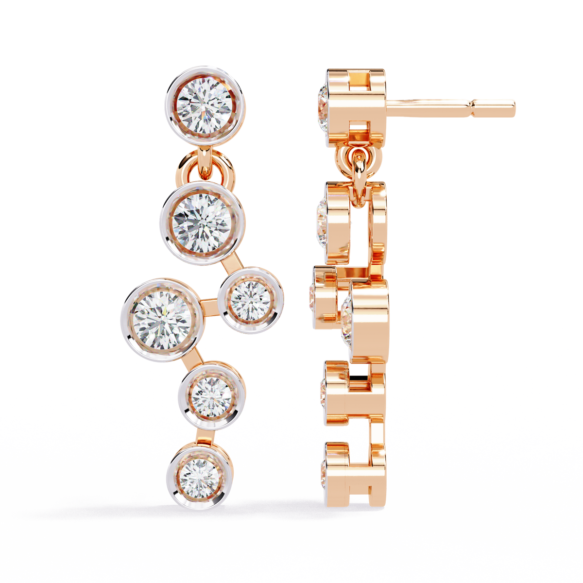 0.4 CTW round diamond linked bezel drop earrings in Rose Gold, angled view – Lunéa Paris