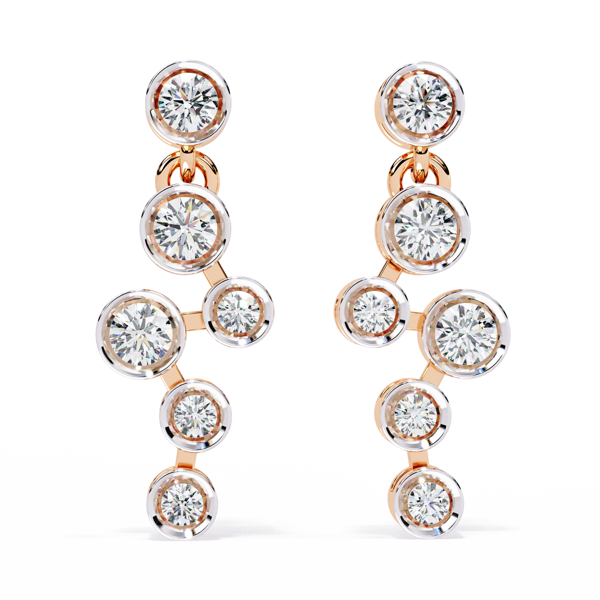 0.4 CTW round diamond linked bezel drop earrings in Rose Gold, front view – Lunéa Paris