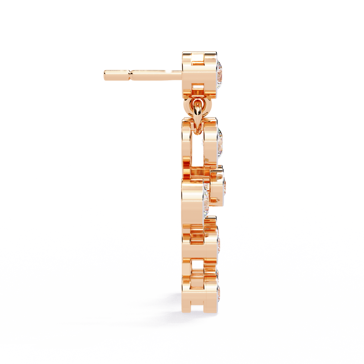 0.4 CTW round diamond linked bezel drop earrings in Rose Gold, side view – Lunéa Paris
