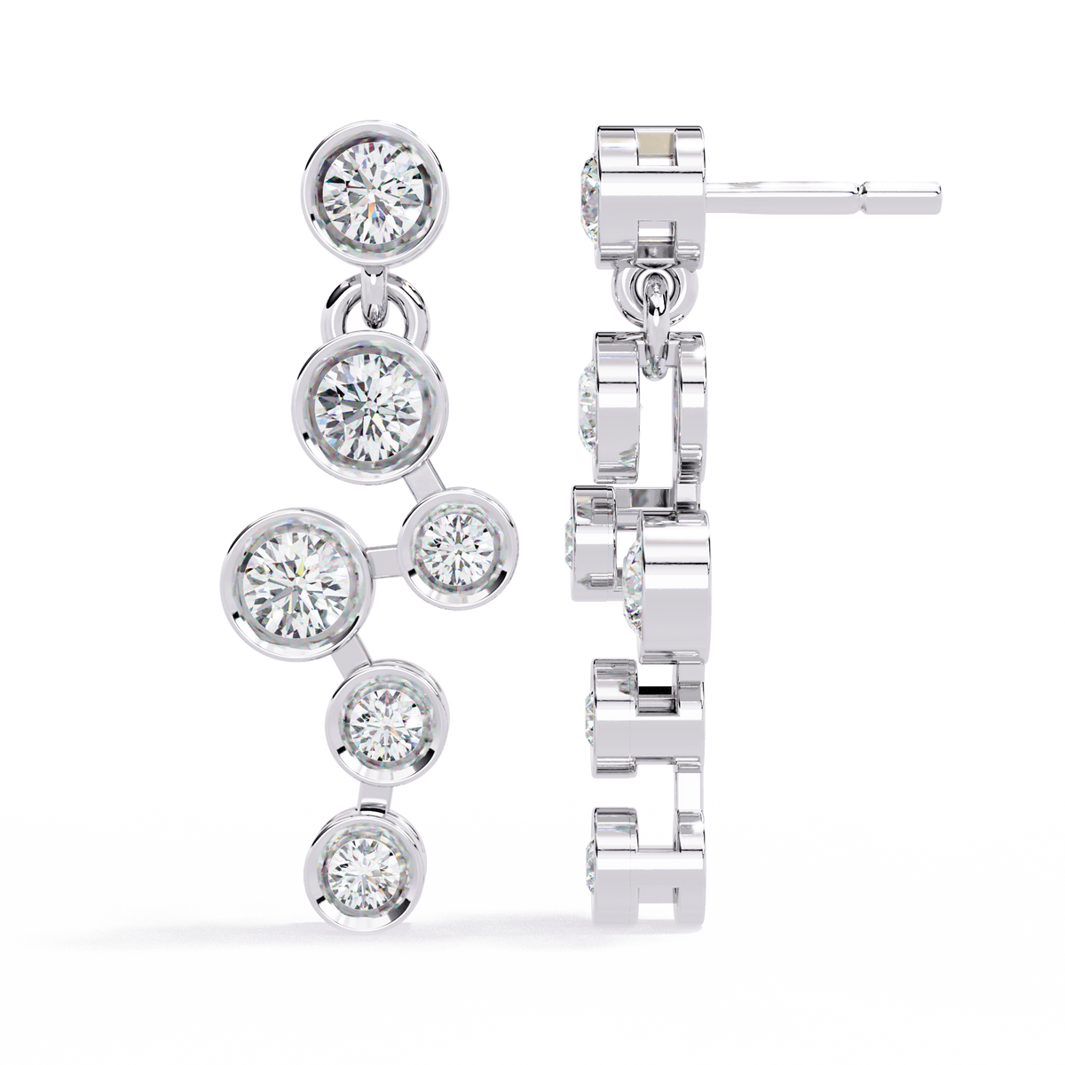 0.4 CTW round diamond linked bezel drop earrings in White Gold, angled view – Lunéa Paris
