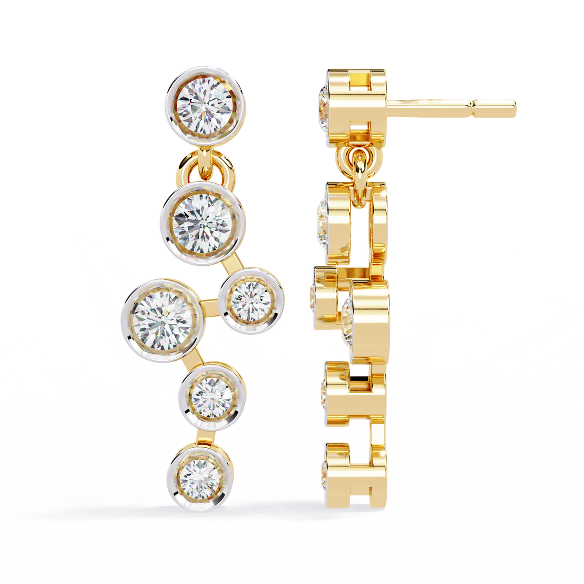 0.4 CTW round diamond linked bezel drop earrings in Yellow Gold, angled view – Lunéa Paris
