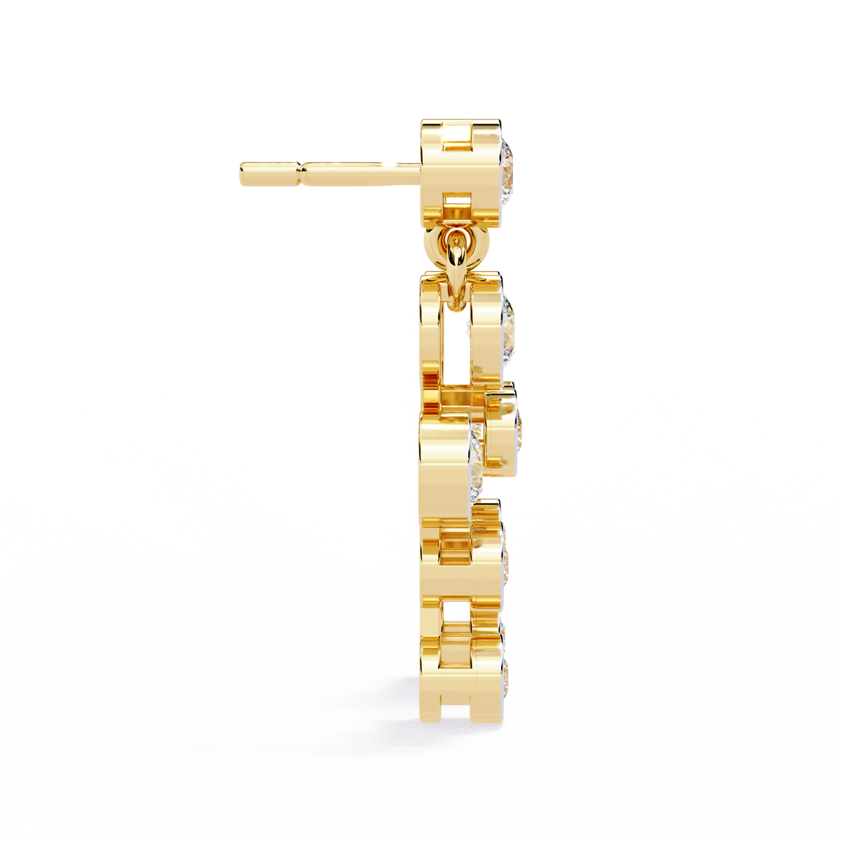 0.4 CTW round diamond linked bezel drop earrings in Yellow Gold, side view – Lunéa Paris