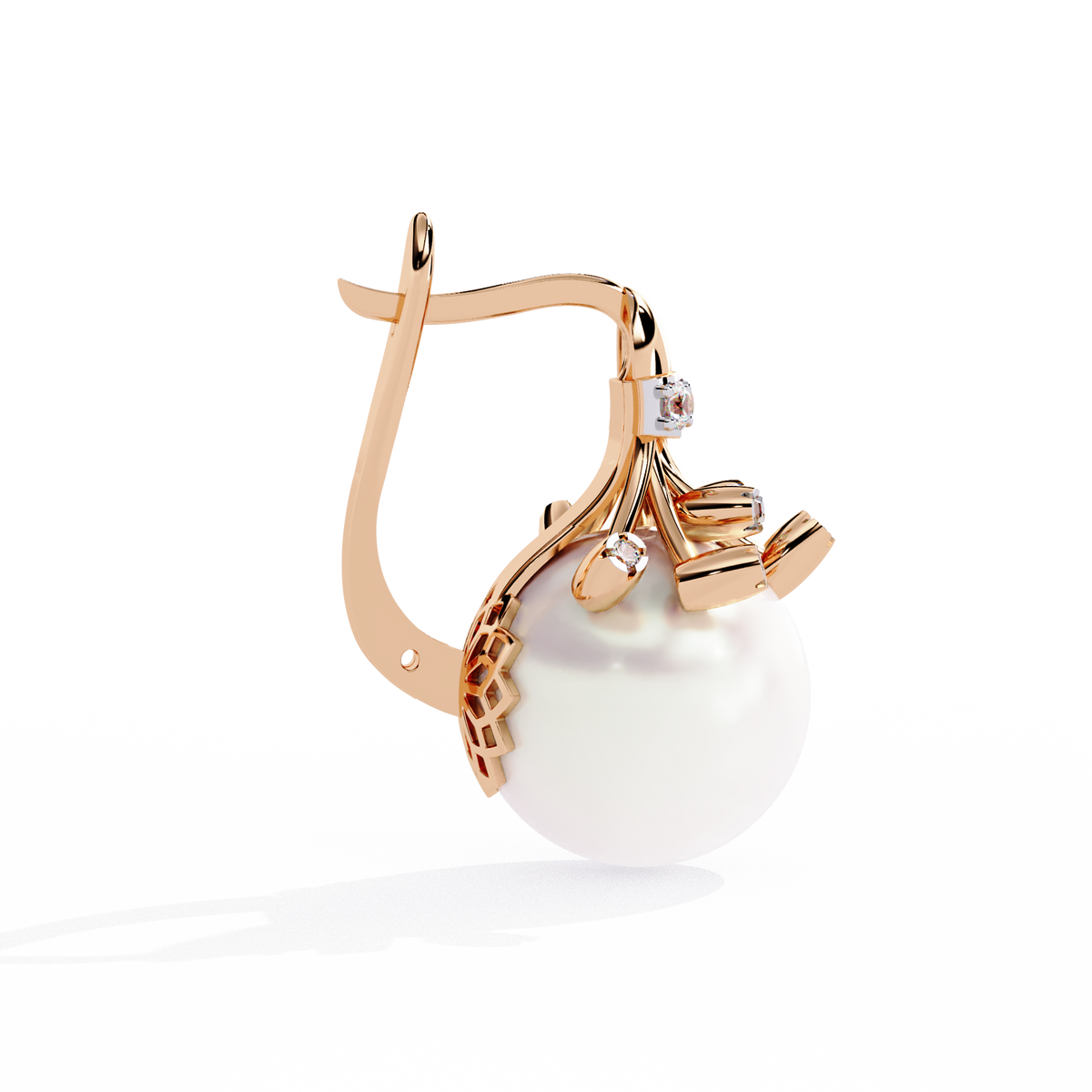 0.4 CTW round diamond pearl sculptural hoop-drop earrings in Rose Gold, side view – Lunéa Paris