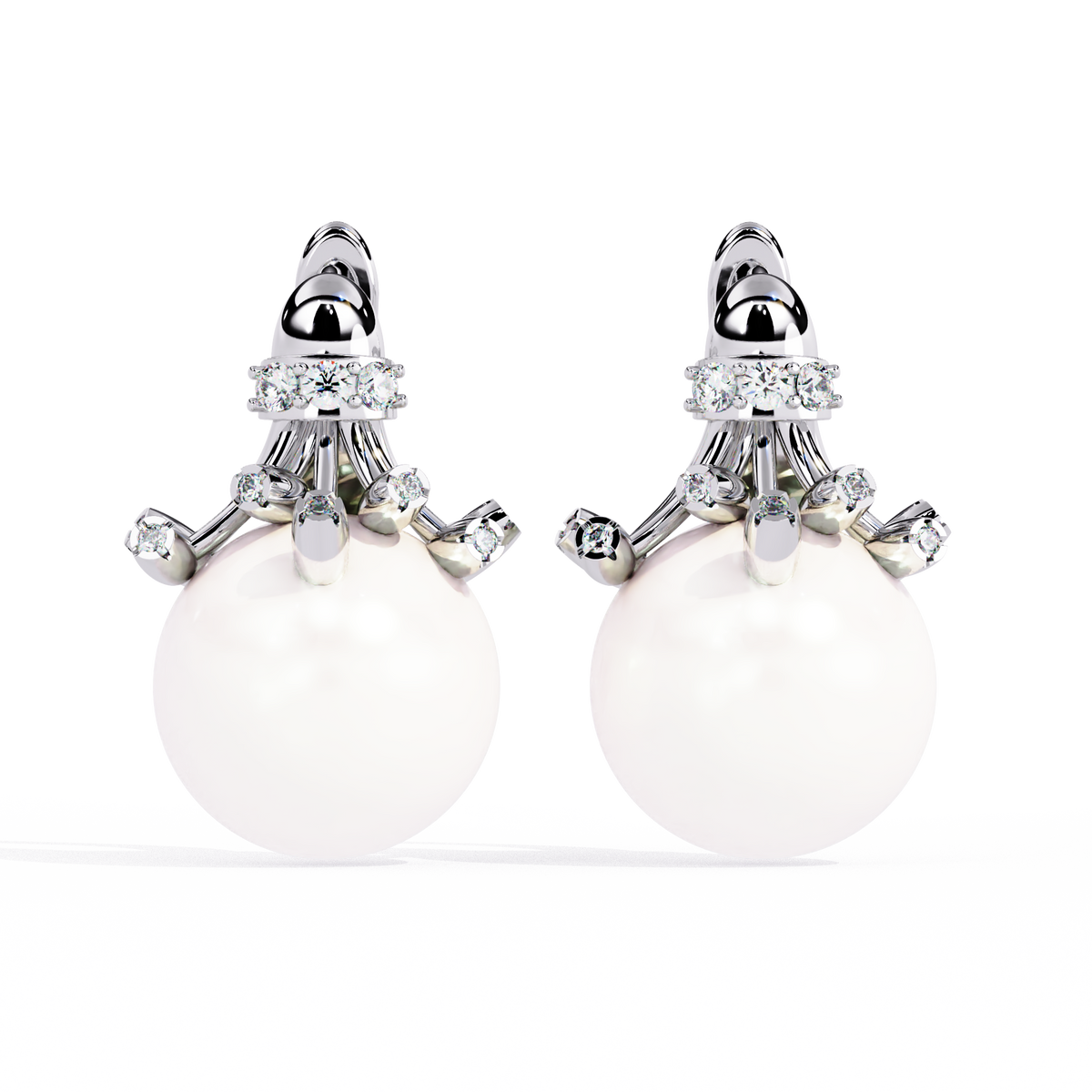 0.4 CTW round diamond pearl sculptural hoop-drop earrings in White Gold, front view – Lunéa Paris