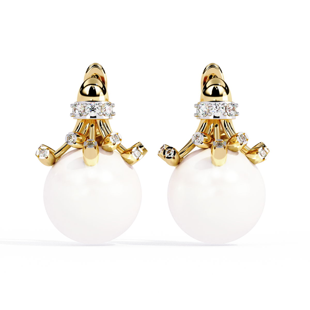 0.4 CTW round diamond pearl sculptural hoop-drop earrings in Yellow Gold, front view – Lunéa Paris