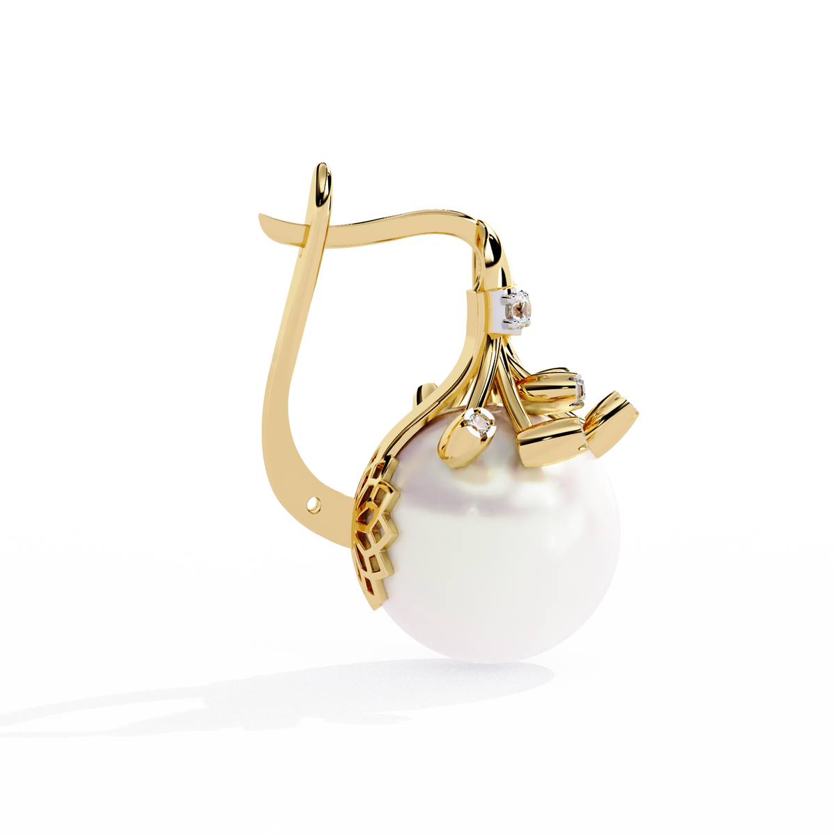 0.4 CTW round diamond pearl sculptural hoop-drop earrings in Yellow Gold, side view – Lunéa Paris