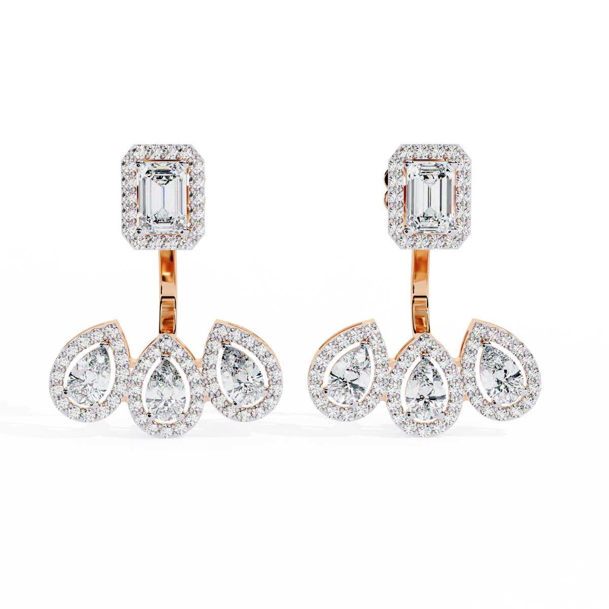 3.6 CTW emerald pear and round lab-grown diamond drop earrings in rose gold