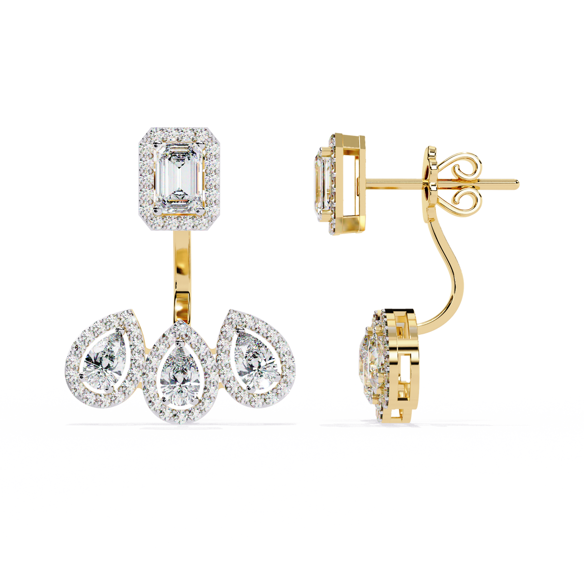 3.6 CTW emerald pear and round lab-grown diamond drop earrings in yellow gold